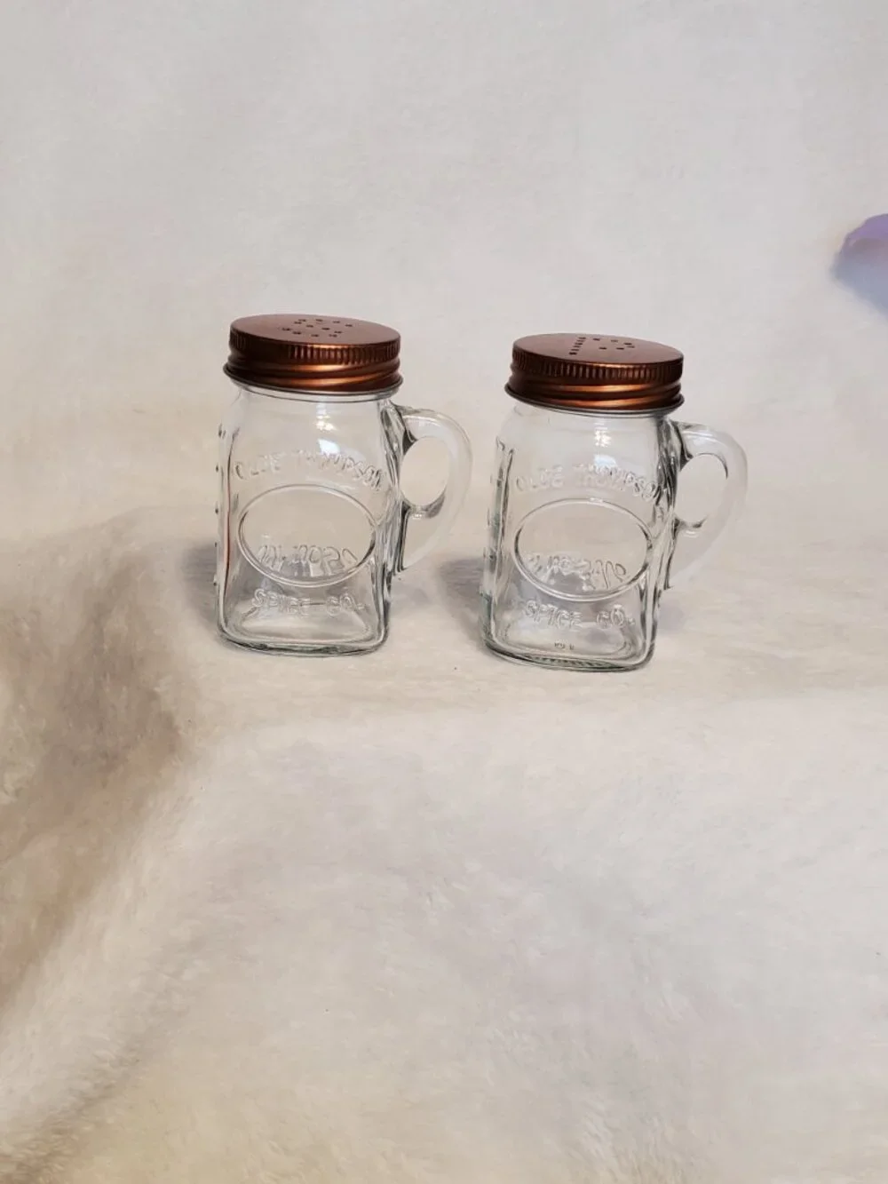 Vintage Mason Jar Salt & Pepper shakers Glass with Copper Lids EUC!